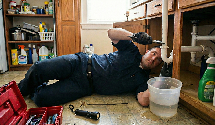 Plumber repairing a leaking pipe under a sink